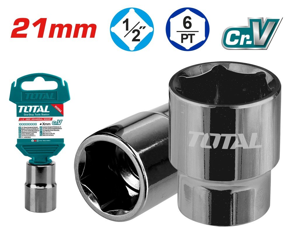 Šešiakampė galvutė TOTAL, CR-V(50BV30), 1/2", 21 mm, ilgis 38 mm, THTST12211