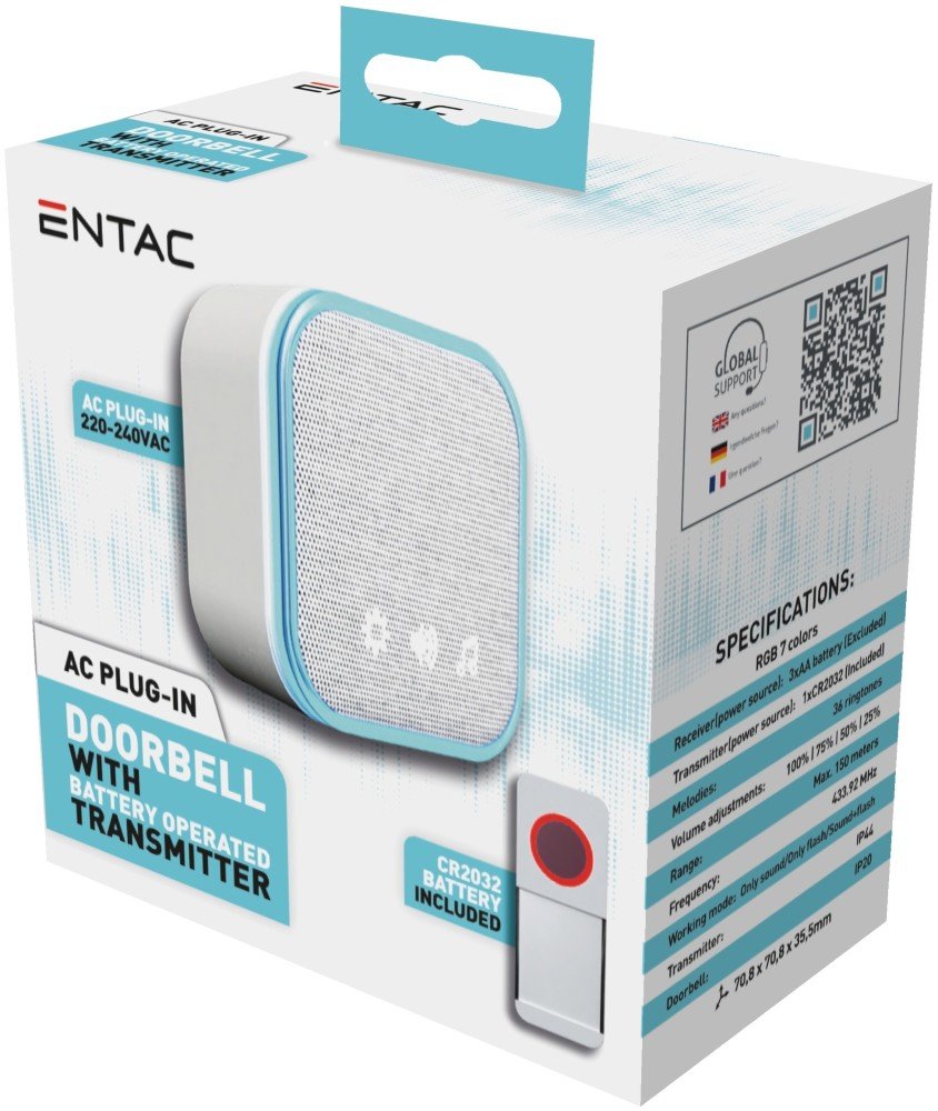 Skambutis ENTAC E6165, belaidis, 150m, IP44, 220V, su atsarginiu maitinimu, CR2032, baltos sp.