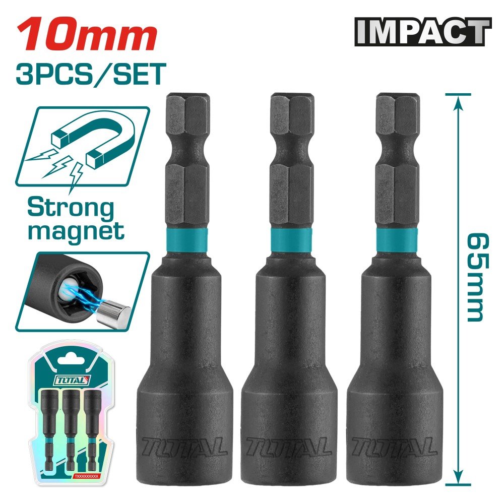 Sukimo galvutė TOTAL, magnetinė, CR-V(50BV30), 10 mm, ilgis 65 mm, 3 vnt TAC271031