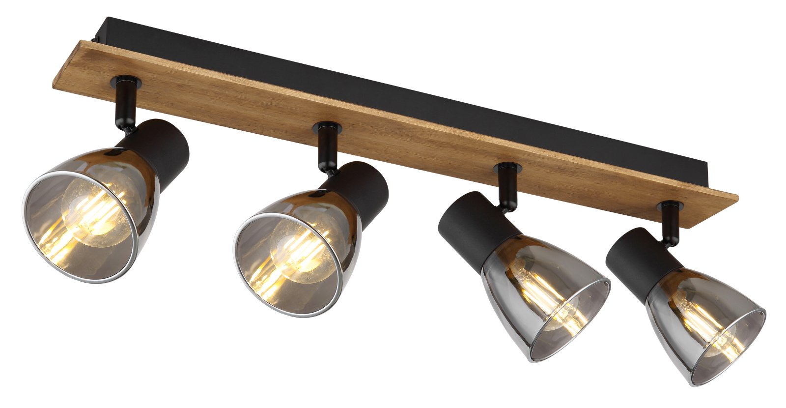 Kryptinis šviestuvas GLOBO Claude, E14, 4 x 40W, 230V, su jung., juodos matinės sp. metalas, tamsiai rudas medis, dūmų sp. Stiklas, 70x500x155mm, 54307-4W