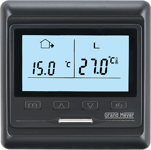 Programuojamas termostatas GRAND MEYER HW800, 16 A, 230V, el. grindų šildymui, su patalpos ir grindų temperatūros jutikliu, juoda sp.