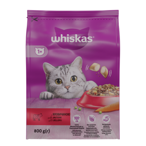 Sausas kačių ėdalas WHISKAS Adult, visavertis pašaras su jautiena, 800 g