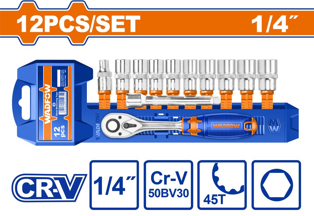 Galvučių rinkinys WADFOW, Cr-V, 1/4", 5-14 mm, 12 vnt., WST4212