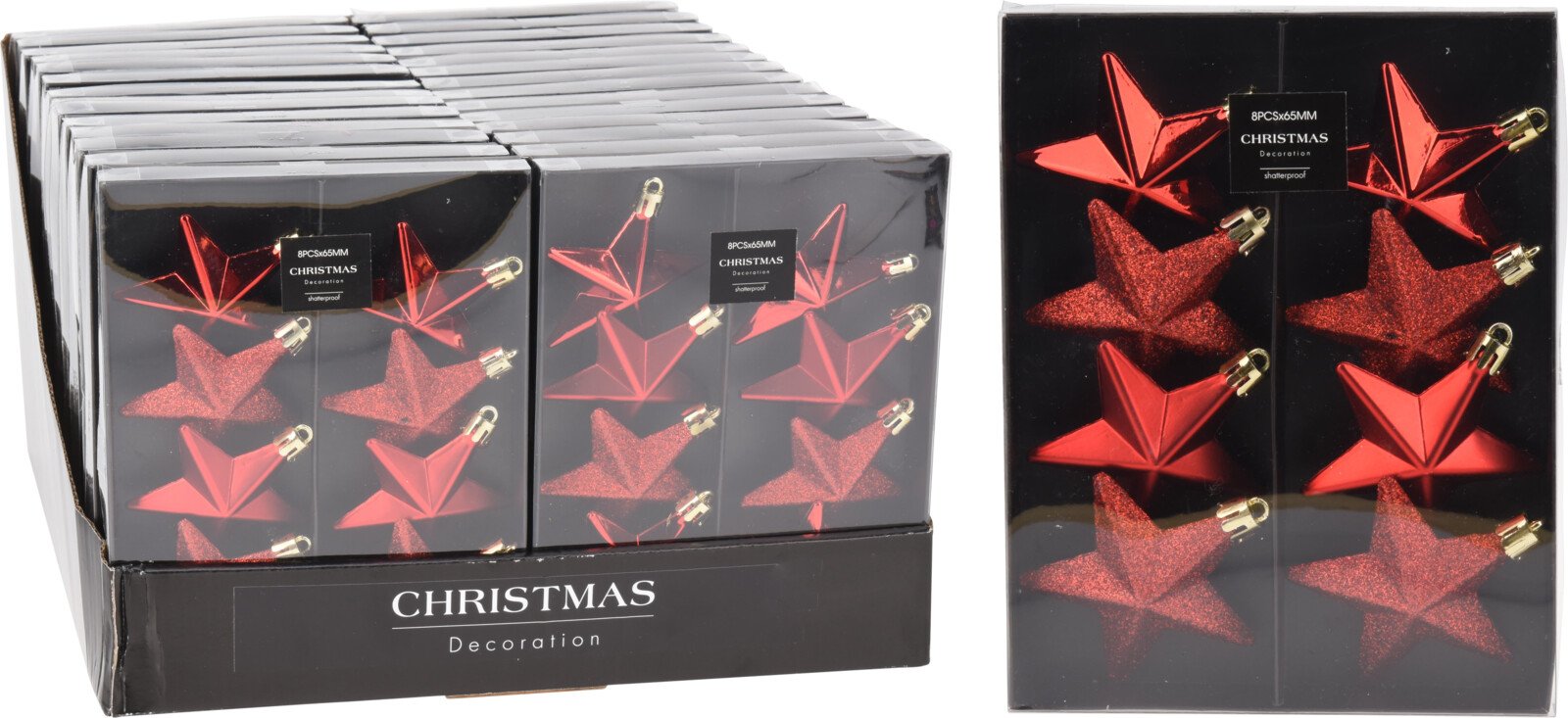 Eglutės žaisliukai Žvaigždės, 8 vnt., raudonos sp., blizgūs, matiniai ir žėrintys