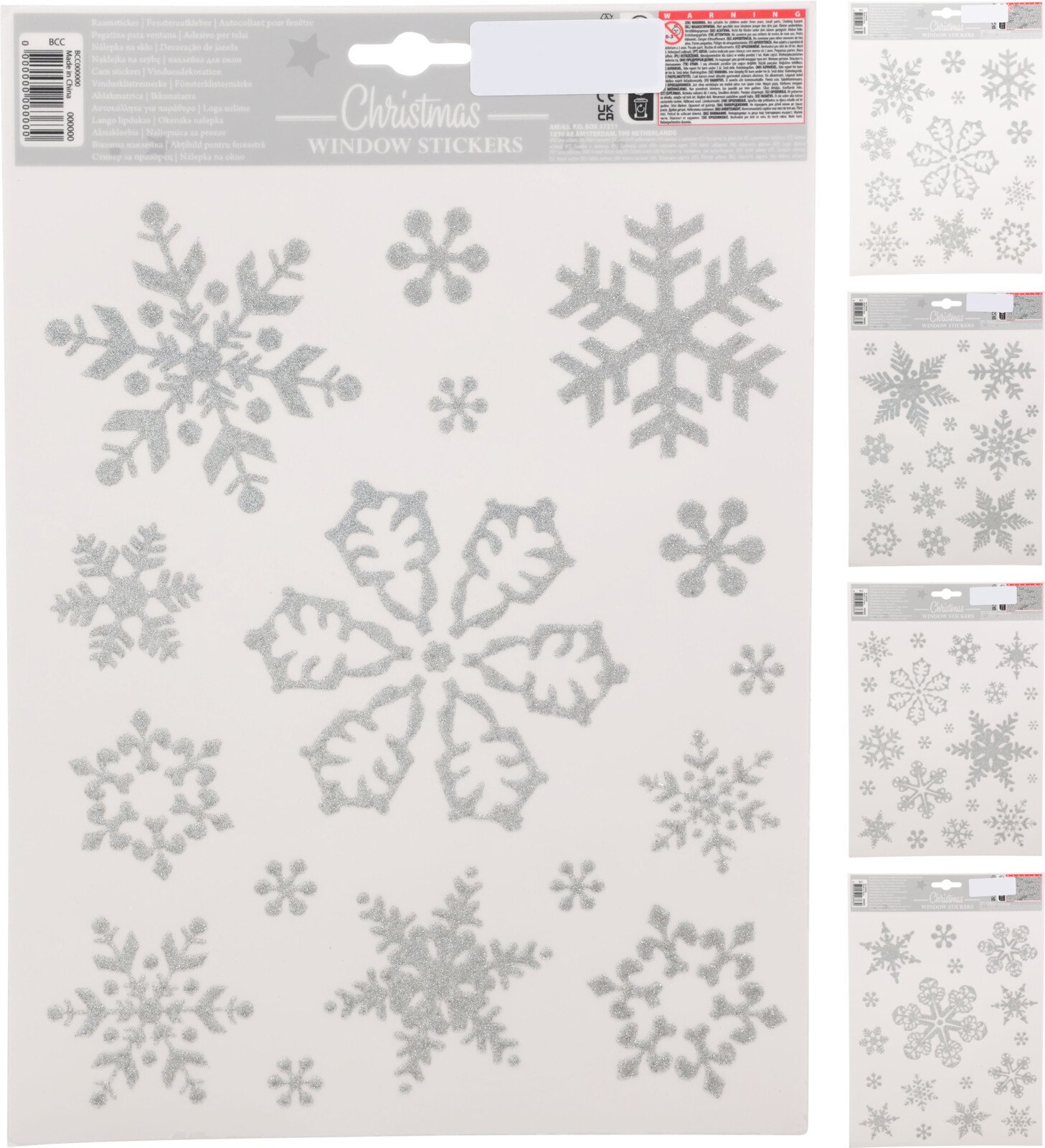 Kalėdiniai langų lipdukai Snaigės, sidabrinės sp., 4 skirtingi snaigių dizainai, 30 x 42 cm