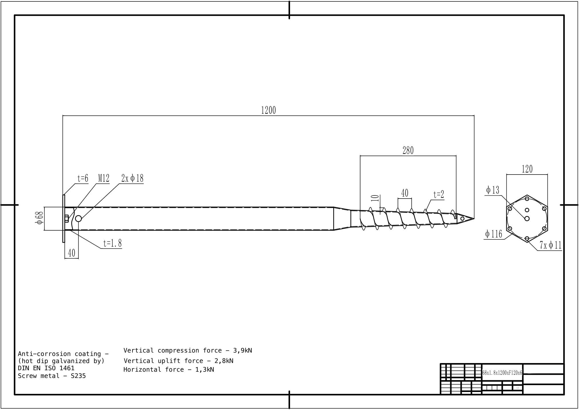 Įsukamas sraigtinis M tipo polius, 68 x 1200 x 1,8 mm, HDG | MOKI VEŽI