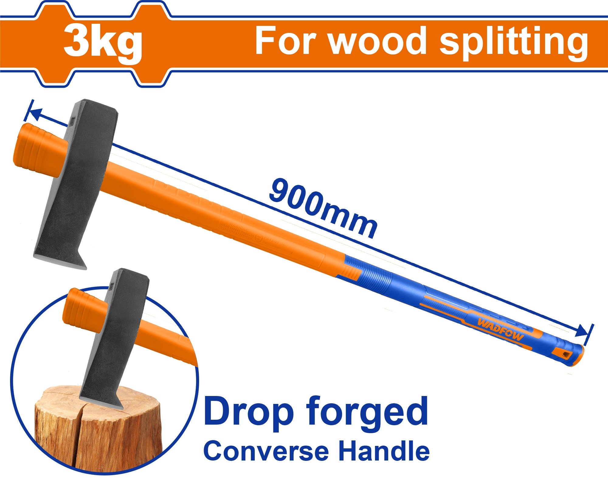 Skaldymo kirvis WADFOW WHM9323, stiklo pluošto rankena, anglinis plienas 45, 3 kg, 900 mm