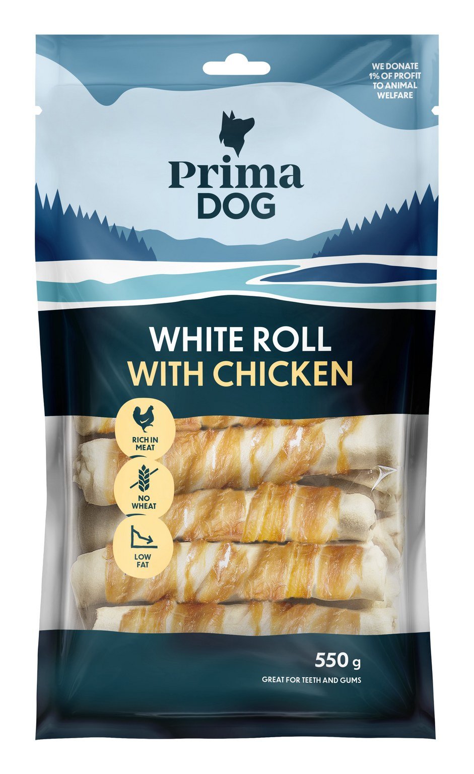 Skanėstas šunims PRIMADOG, baltas suktinis su vištiena, 13cm, 15vnt, 550g