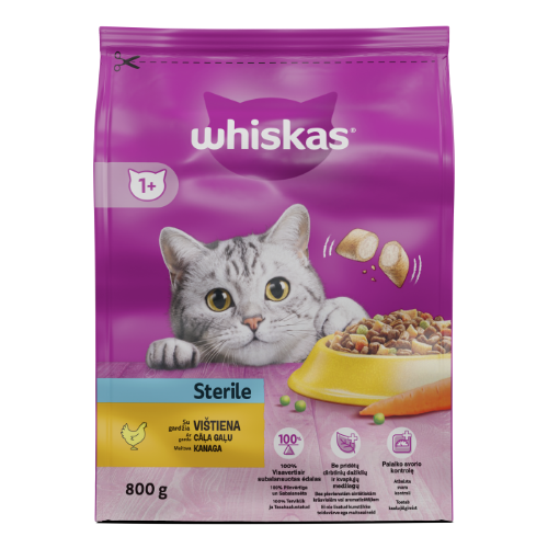 Sausas kačių ėdalas WHISKAS Sterile, visavertis pašaras su vištiena, 800 g