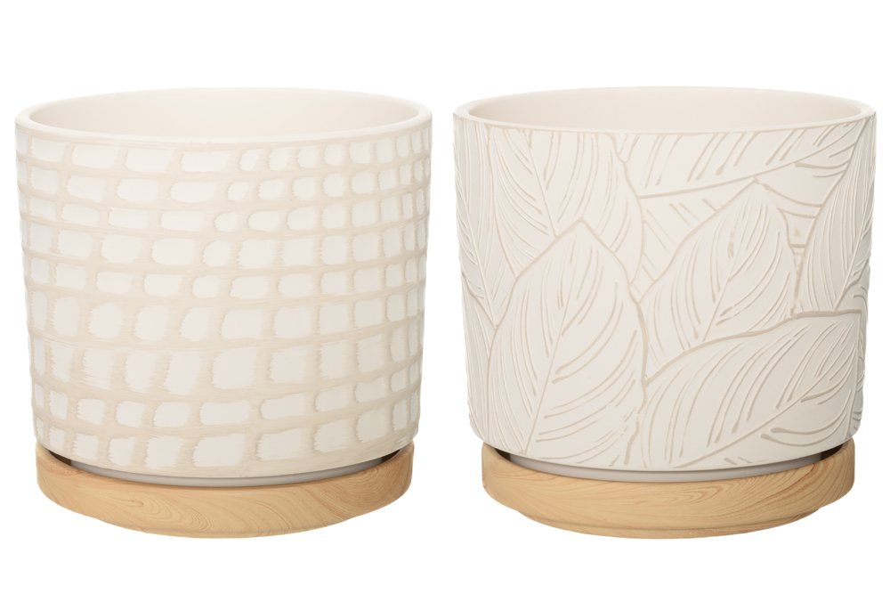 Kambarinis keraminis vazonas 4Living Spring, su lėkštute, su lapelių motyvais, baltos sp., 17 x 17 x 16 cm.