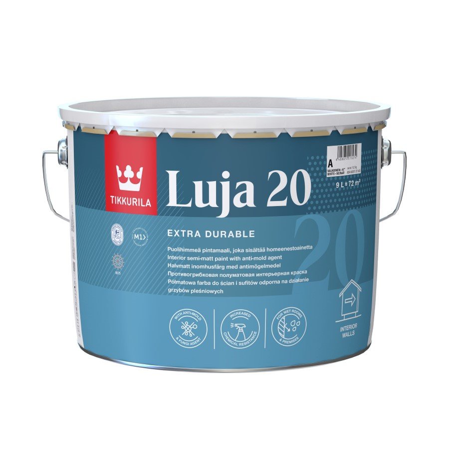 Vandeniniai vidaus dažai TIKKURILA Luja 20, 9 l, A bazė, balti, pusiau matiniai