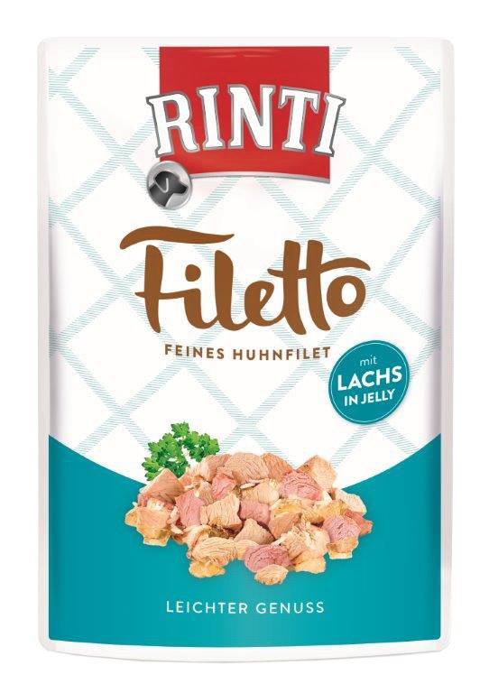 Konservuotas šunų ėdalas RINTI Filetto, su vištiena ir lašiša, maišelyje, 100g