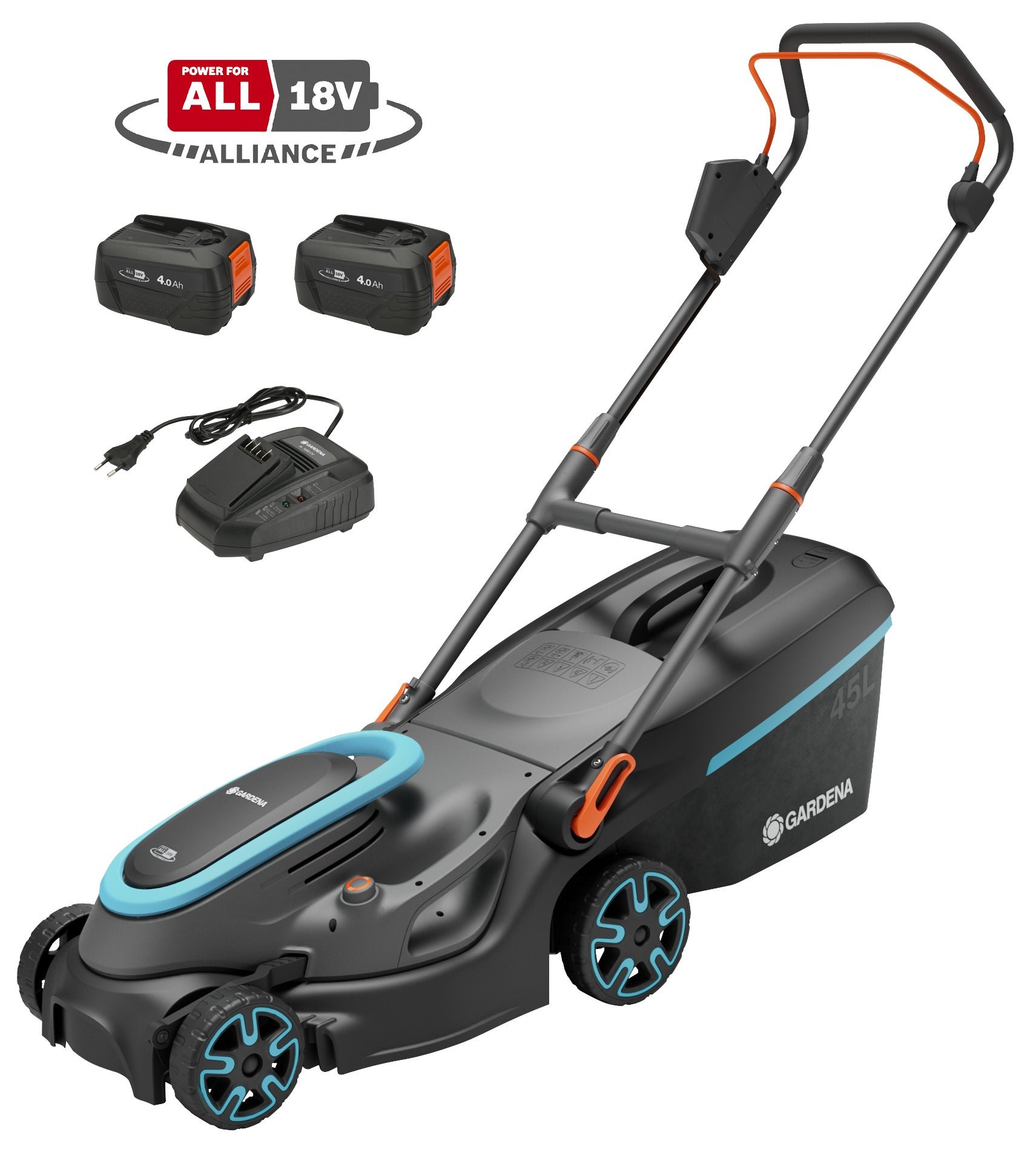 Akumuliatorinė vejapjovė GARDENA PowerMax 37/36V P4A , 36 V, pjovimo plotis 37 cm, rinktuvo talpa 45 l, 15,1 kg. Komplekte 2 x 4.0 Ah akumuliatoriai ir pakrovėjas