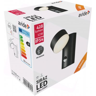 Lauko šviestuvas AVIDE Siraz At-8562, LED 12W, 220-240V, 4000K, 428 lm, IP54, sieninis, su judesio davikliu, juodos sp., 90 x 152 mm