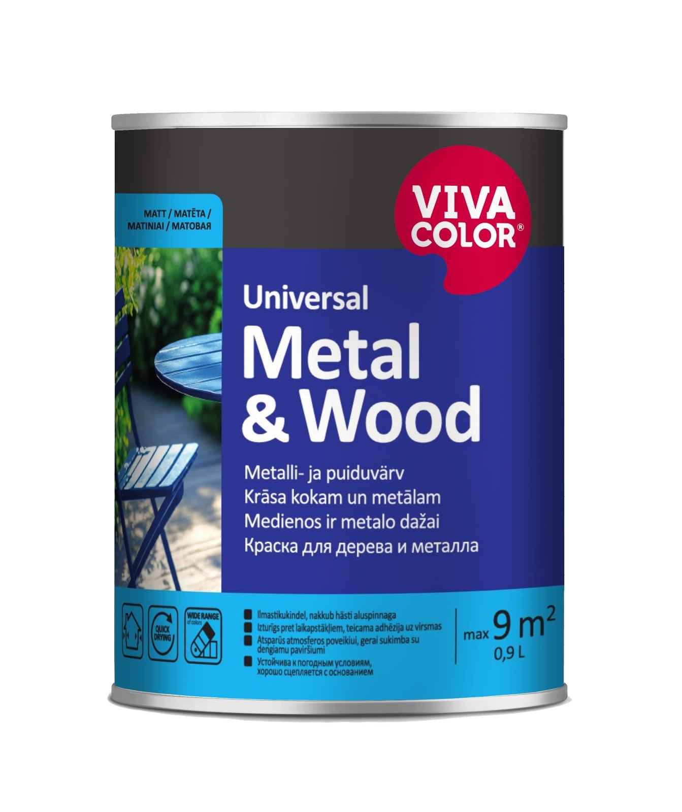 Medžio ir metalo dažai VIVACOLOR Universal Metal & Wood, 0,9 l, C bazė, matiniai