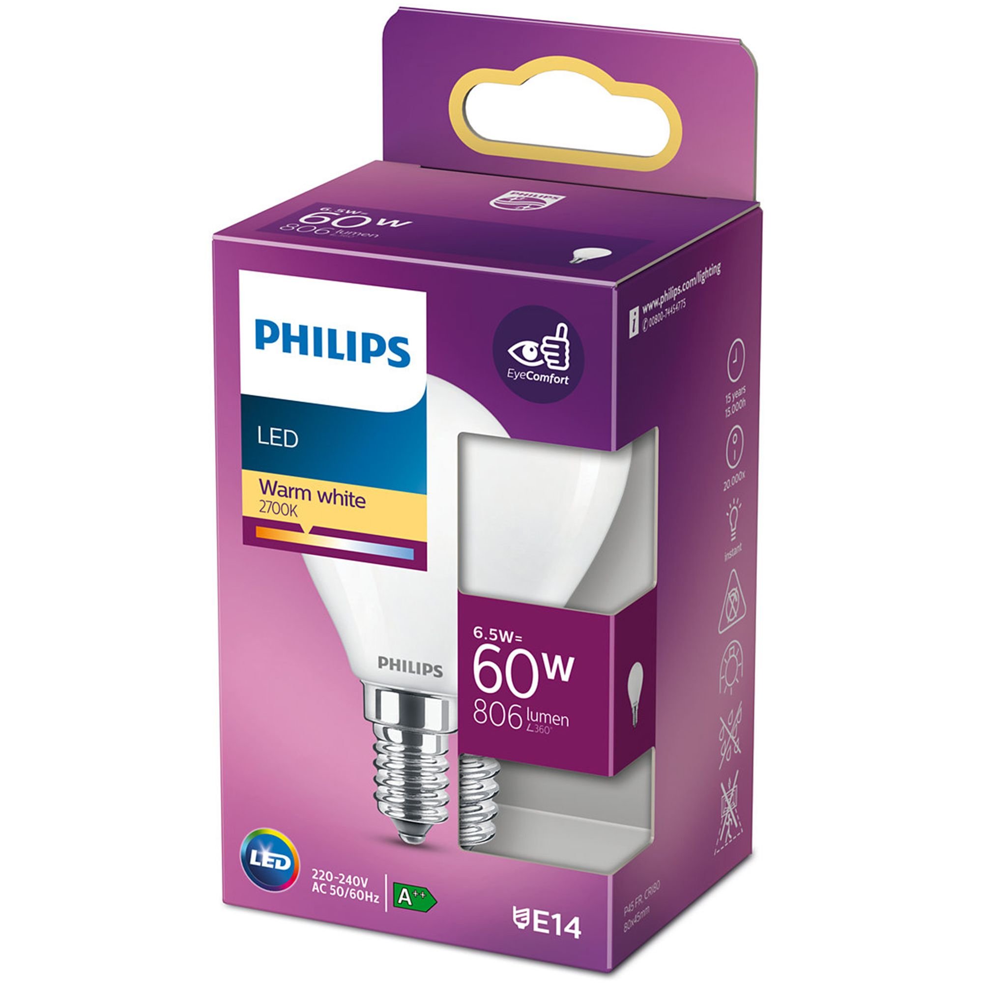 LED lempa PHILIPS, 6,5W (=60W), E14 P45 burbuliukas, 220-240V, 2700K, 806 lm, filamentinė, matinė