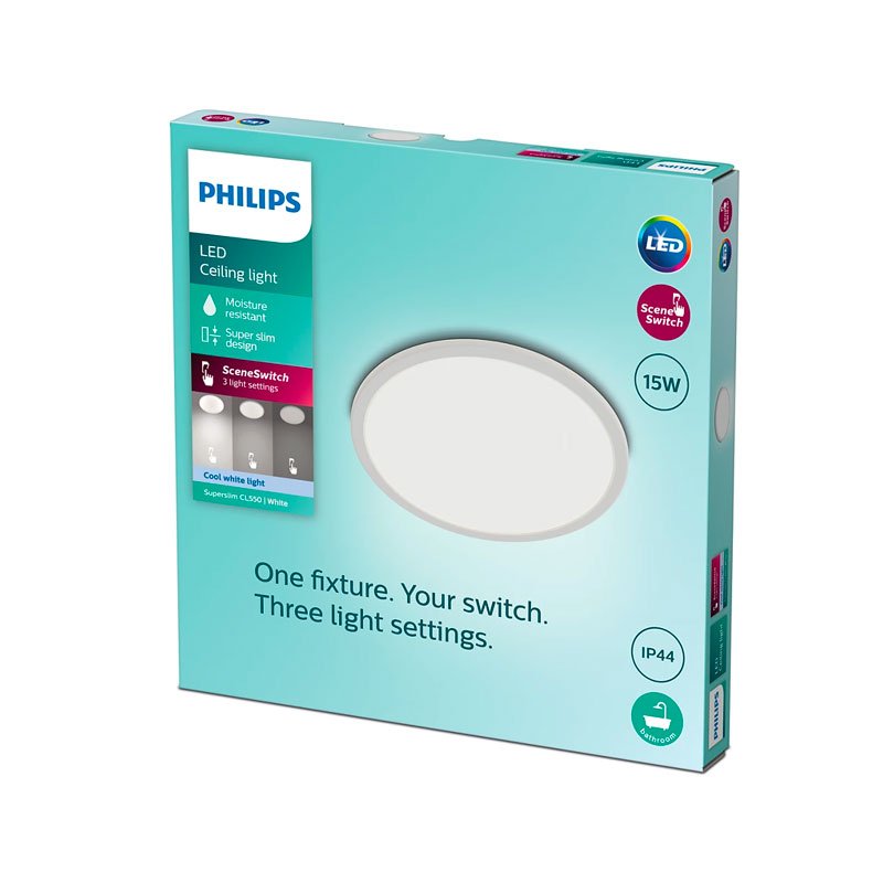 Lubinis LED šviestuvas PHILIPS Superslim, 15W, 1500 lm, 4000K, IP44, step-dim, AXPxG 23x250x250 mm, baltos sp.