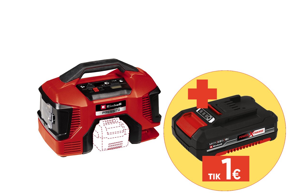 Akumuliatorinis oro kompresorius EINHELL PRESSITO 18/21, 18 V, maksimalus darbinis slėgis 10,5 bar, be akumuliatorių ir kroviklio