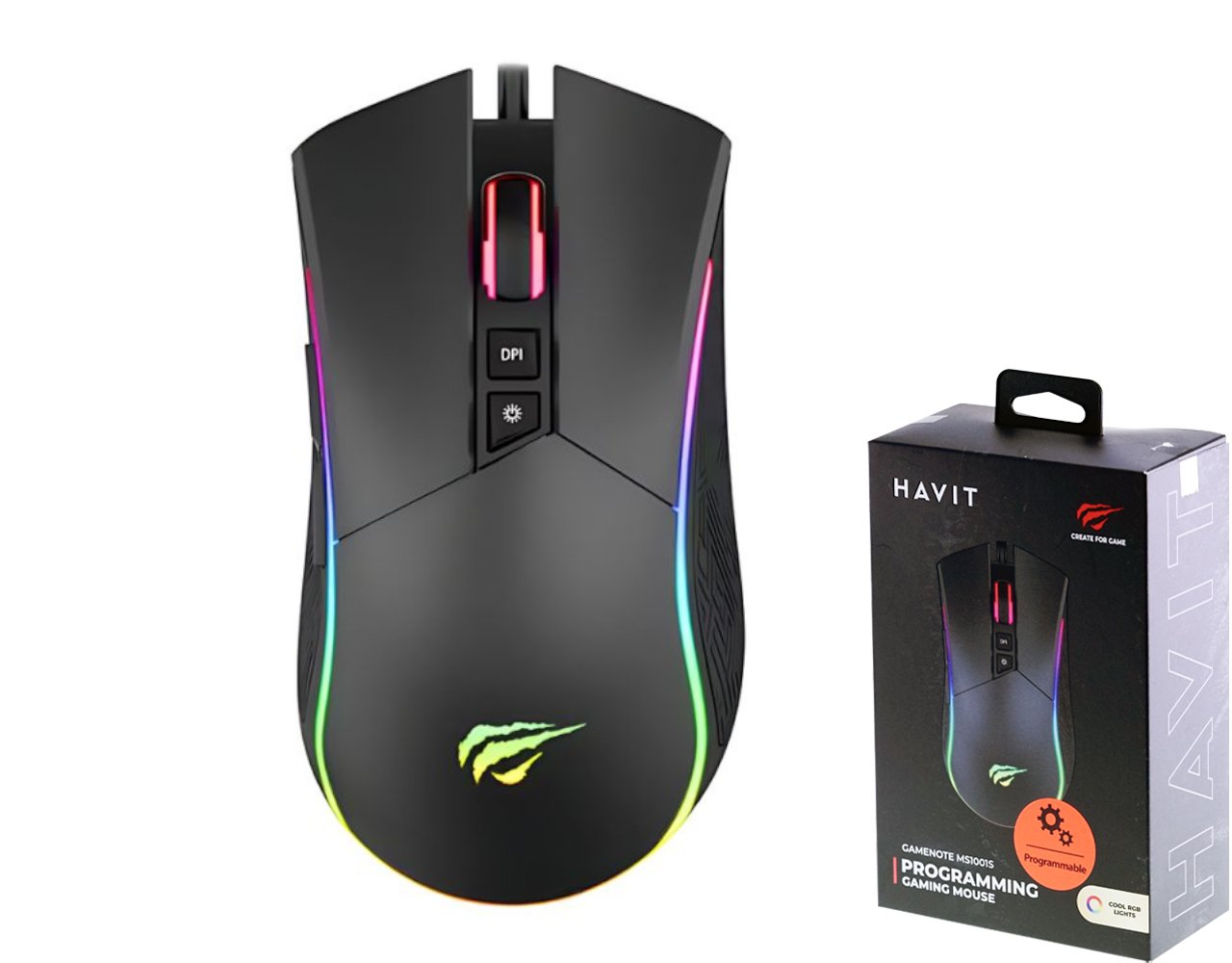 Laidinė žaidimų pelė HAVIT G-NOTE MS1001, laido ilgis 1,6 m, programuojami 7 mygtukai, 4800 DPI