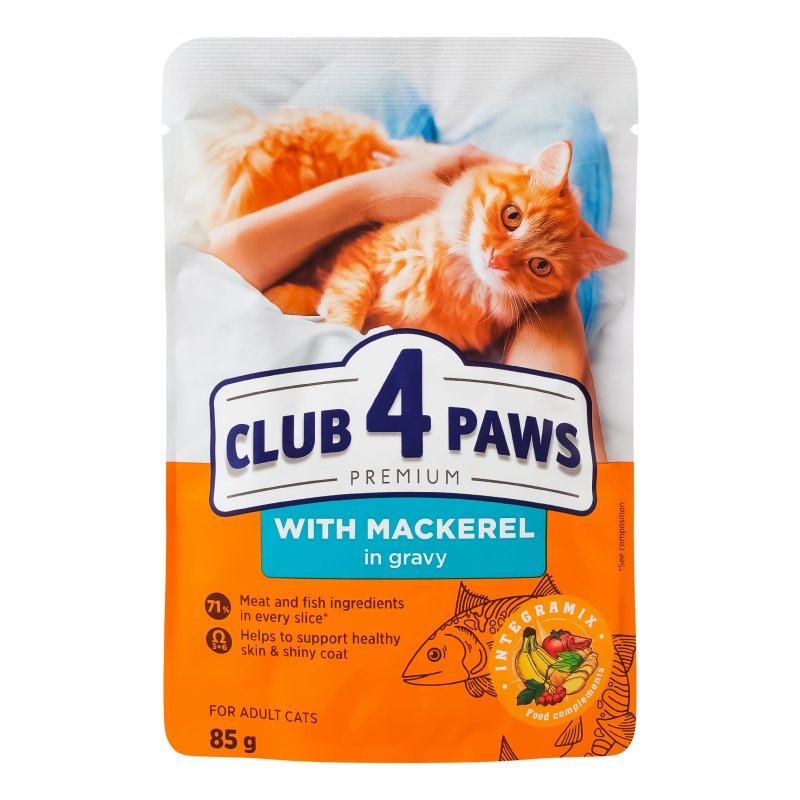 Konservuotas kačių ėdalas CLUB4PAWS, skumbrė su padažu, 85g