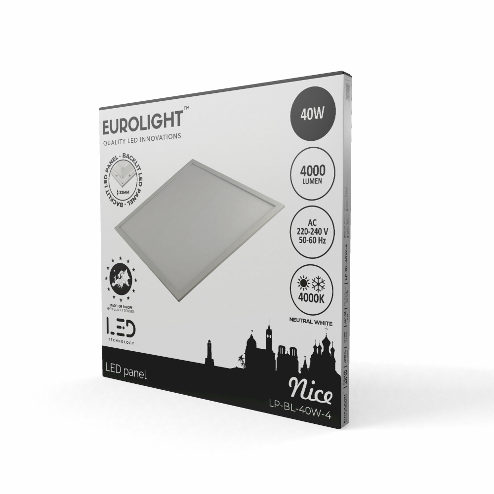 Įmontuojamas šviestuvas EUROLIGHT NICE, 40W, 4000lm, 4000K, IP20, 595x595 mm, baltos sp.