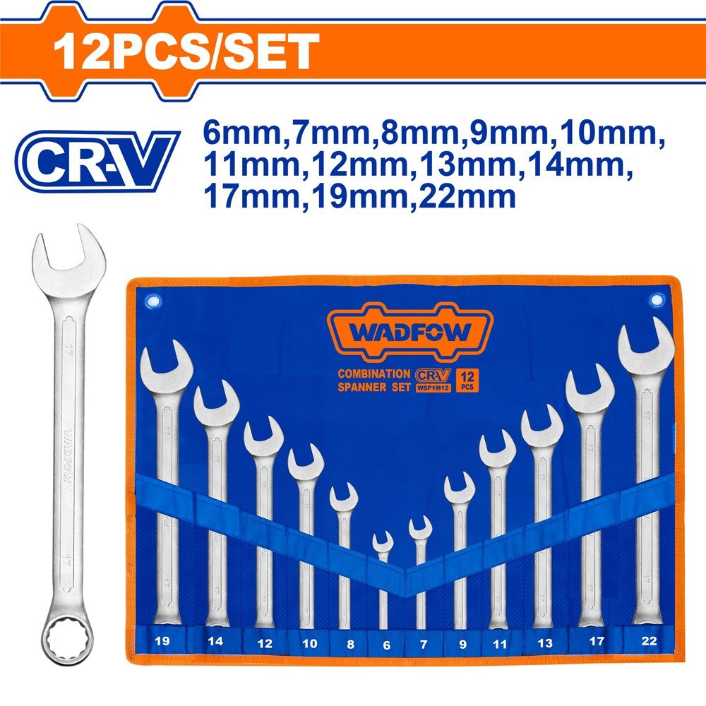 Plokščių kilpinių raktų rinkinys WADFOW, Cr-V, 6-22 mm, 12 vnt., WSP1M12
