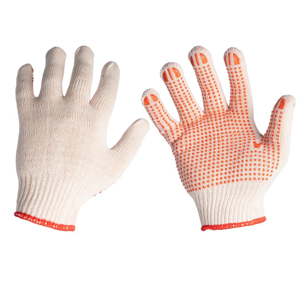 Medvilninės pirštinės, megztos, su PVC taškeliais iš vienos pusės, spl. balta, 55 g, dydis (10) XL, 12 porų komplektas, MP010