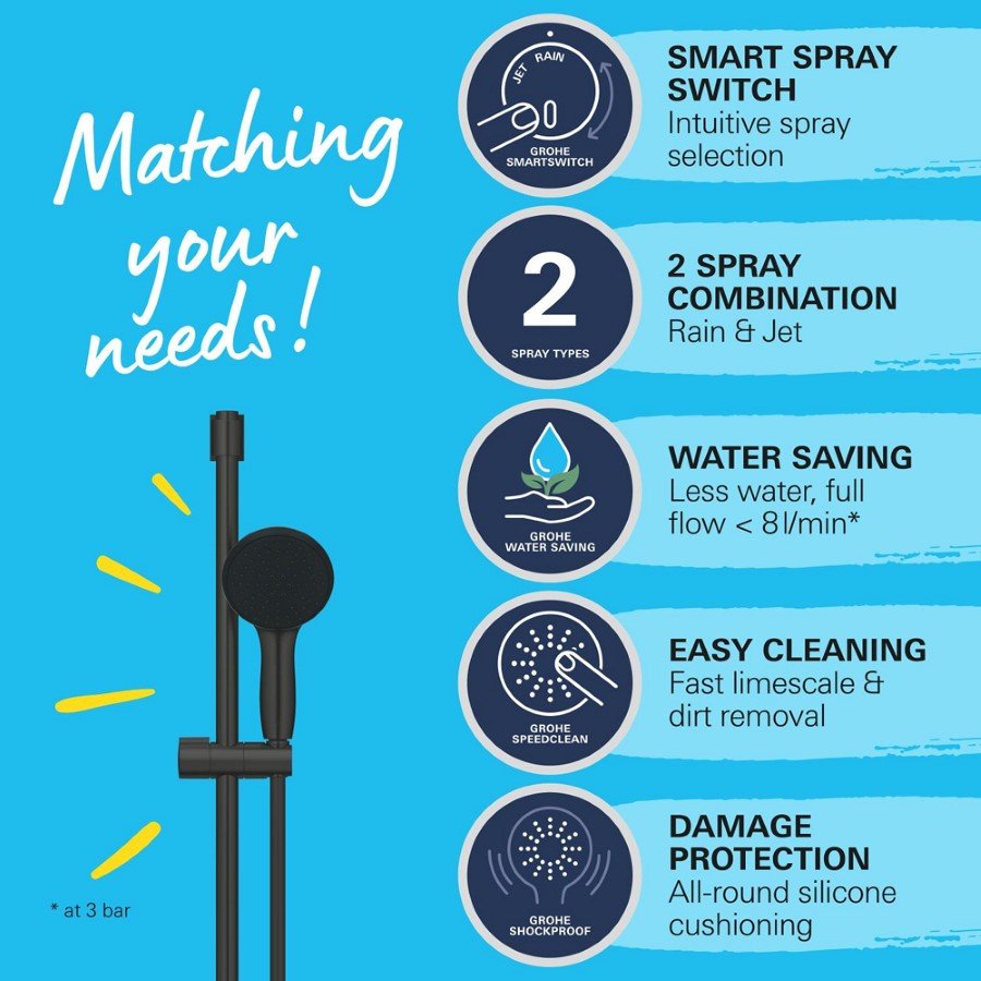 GROHE Vitalio Start - Set doccetta, asta saliscendi e flessibile, 2 getti, GROHE Water Saving con meno acqua e flusso perfetto, nero opaco 279482431