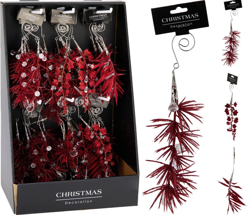 Kalėdinė dekoracija Šakelė, blizganti, pakabinama, raudonos sp., 3 skirtingi dizainai, 5 x 2 x 18 cm
