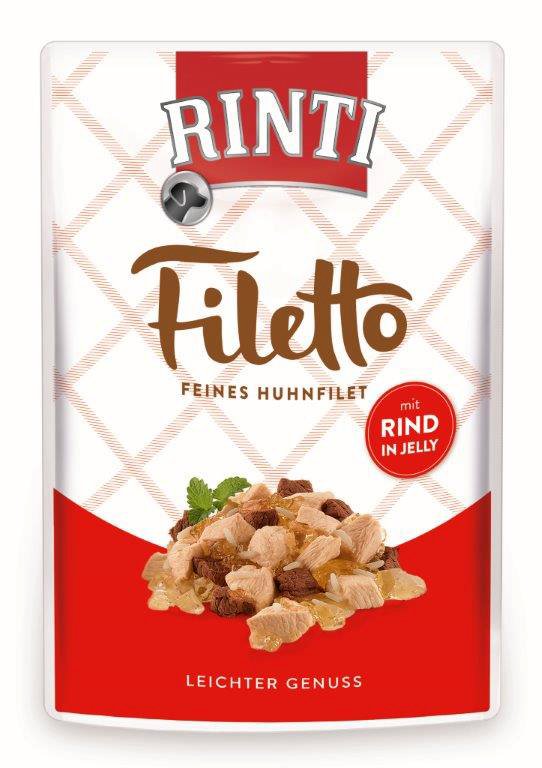 Konservuotas šunų ėdalas RINTI Filetto, su vištiena ir jautiena, maišelyje, 100g