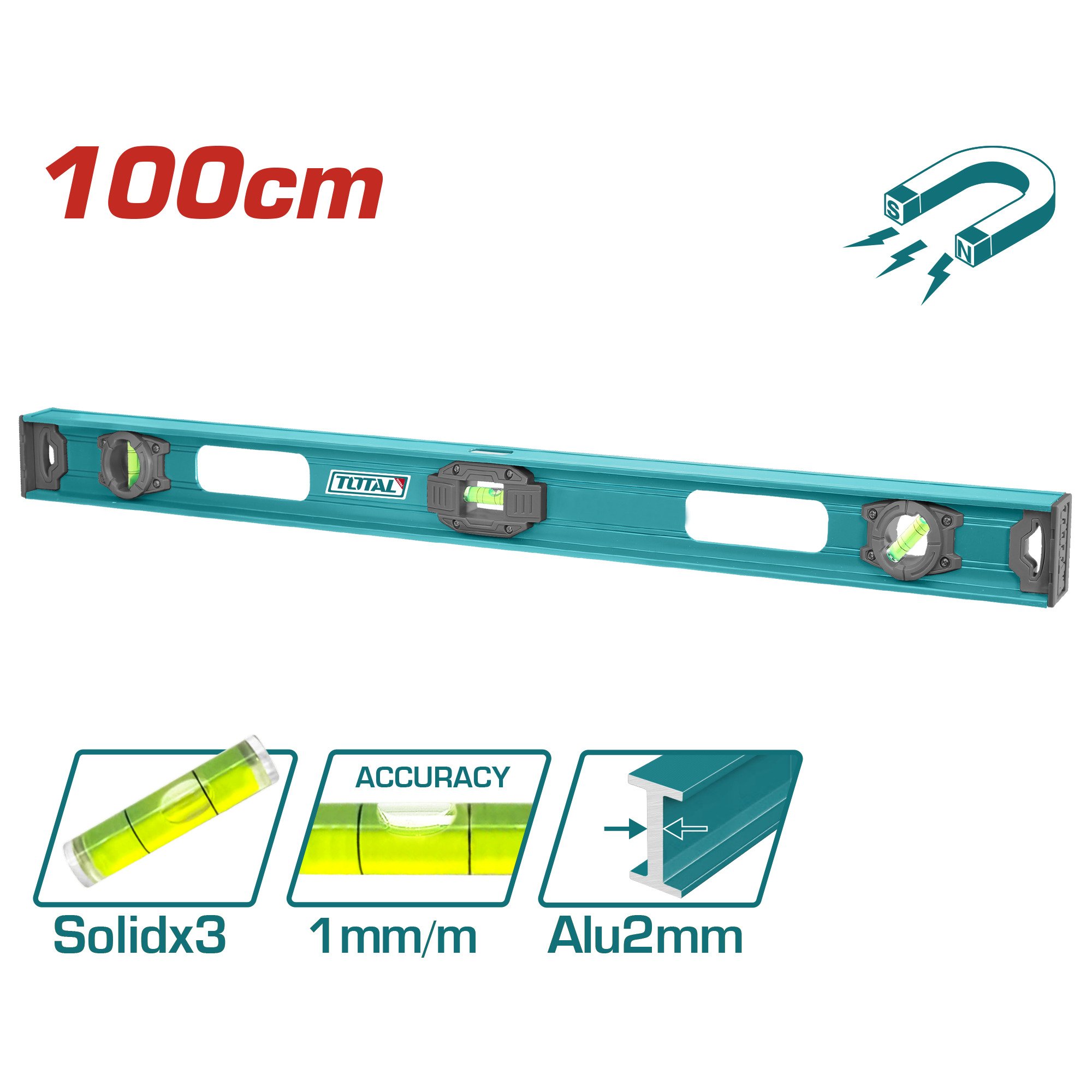 Gulsčiukas TOTAL, magnetinis, 3 akutės, aliumininis korpusas, storis 2 mm, 100 cm, TMT210026