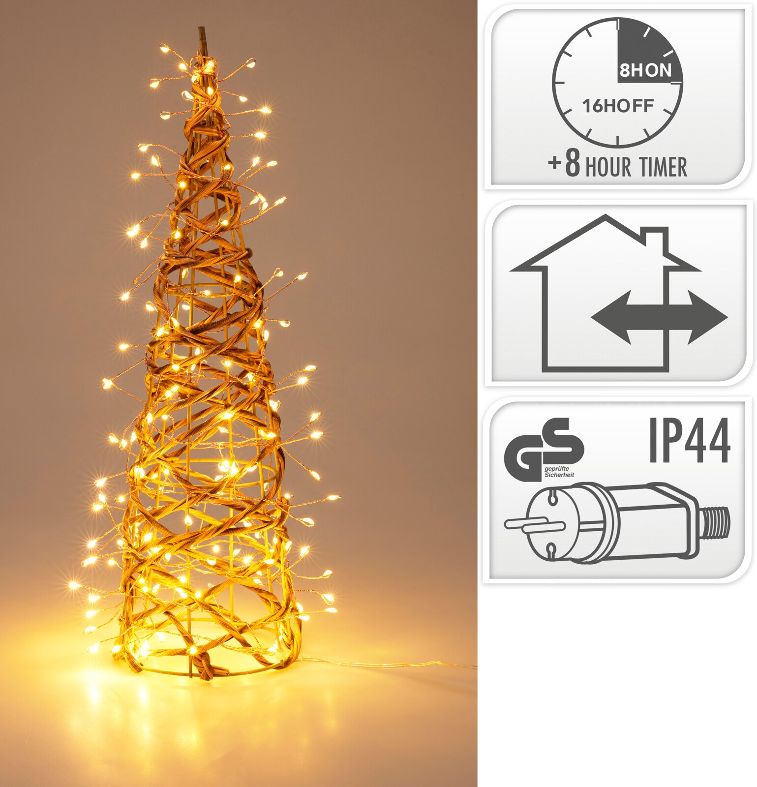 Kalėdinė LED dekoracija Eglutė, geležies viela, šiltos baltos sp., skaidrus kabelis 500 cm, 12 x 12 x 40 cm, lauko naudojimui