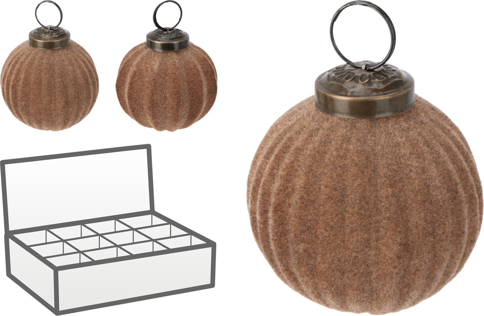 Eglutės žaisliukas, gofruotas, flokuotas stiklas, rusvos sp., skersmuo 8 cm