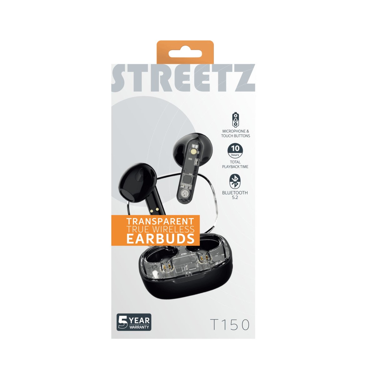 Ausinės belaidės STREETZ T150-BLK, permatomos, juodos sp., 6612030