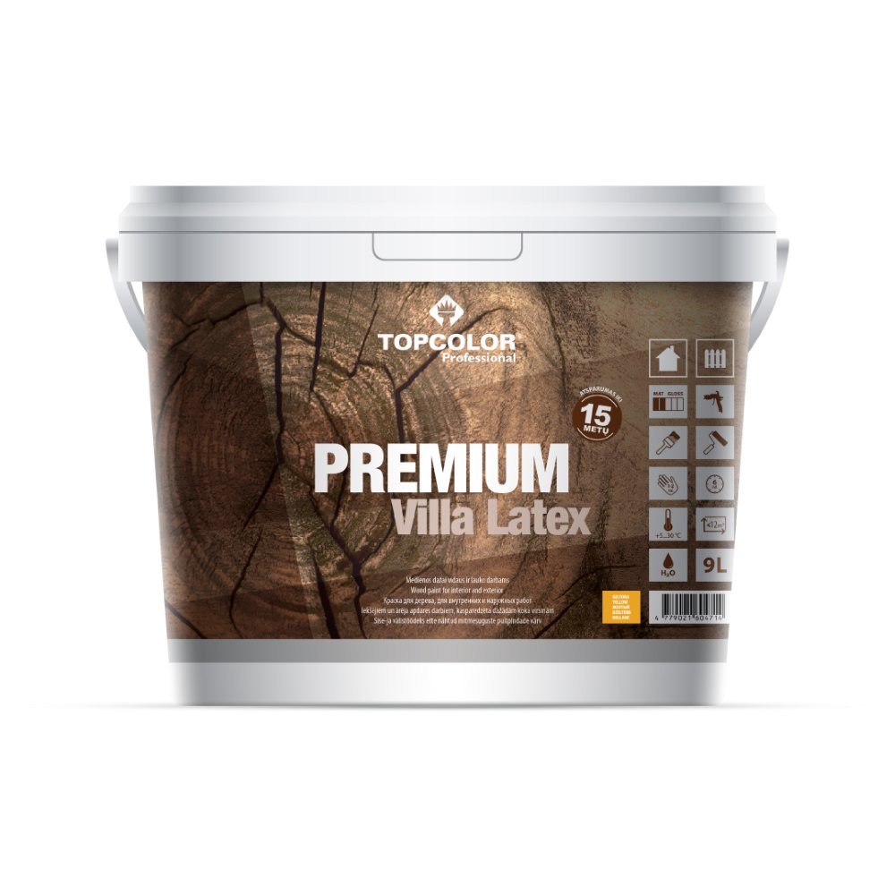 Medienos fasado dažai TOPCOLOR Premium ViLLa Latex, 9 L, Geltona  spaLva