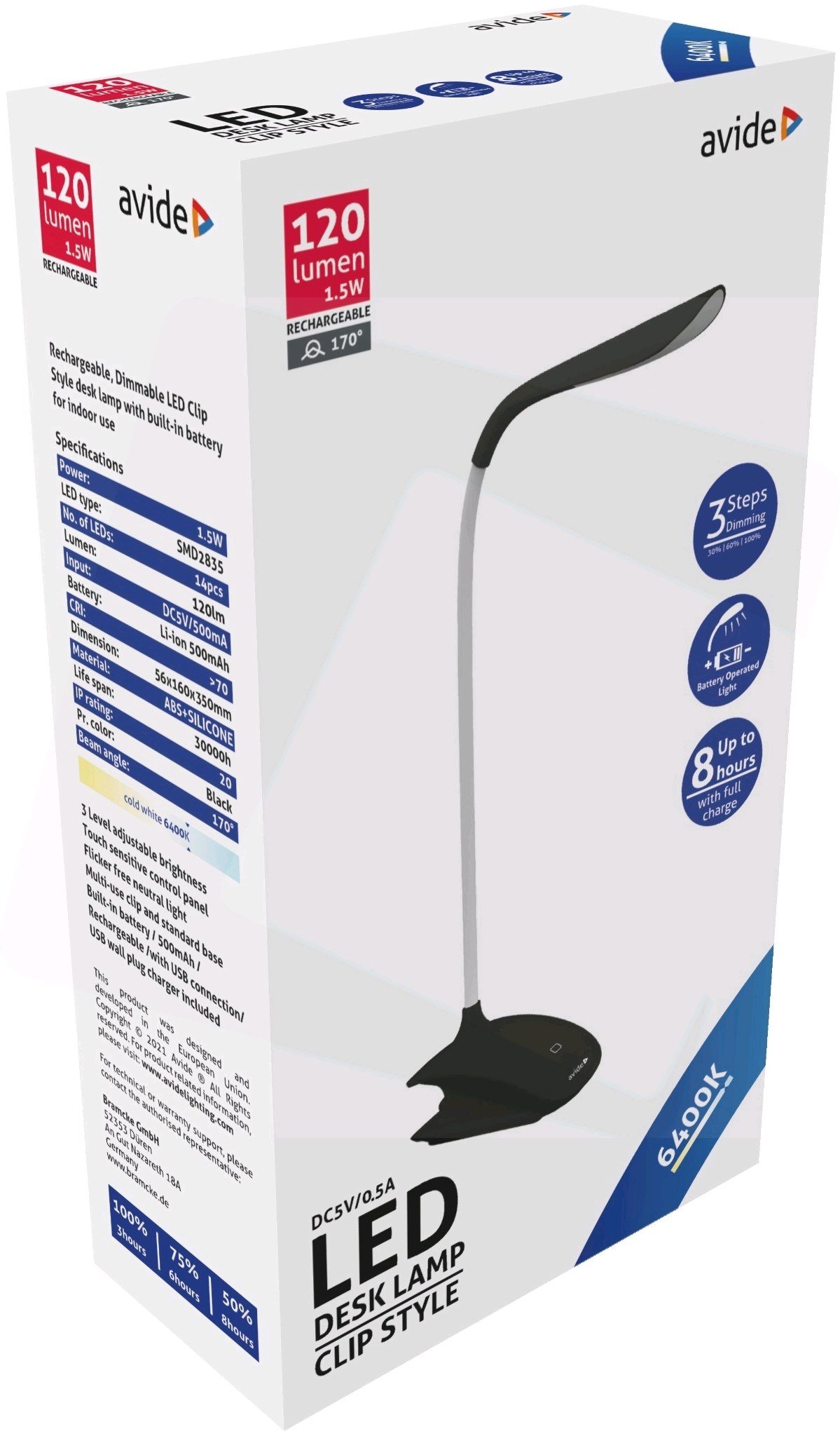 Stalinis šviestuvas AVIDE Abldl-Clip-1.5W-Bl, 1,5 W 220-240 V, 6400K, 120 lm, IP20, prisegamas, įkraunamas, dimer., juodos sp., sensorinis valdymas
