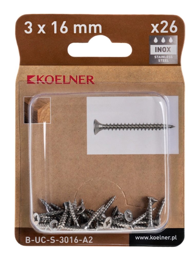Medsraigčiai KOELNER, 3 x 16 mm, įleidžiama galva, nerūd. plieno A2, 26 vnt., PZ