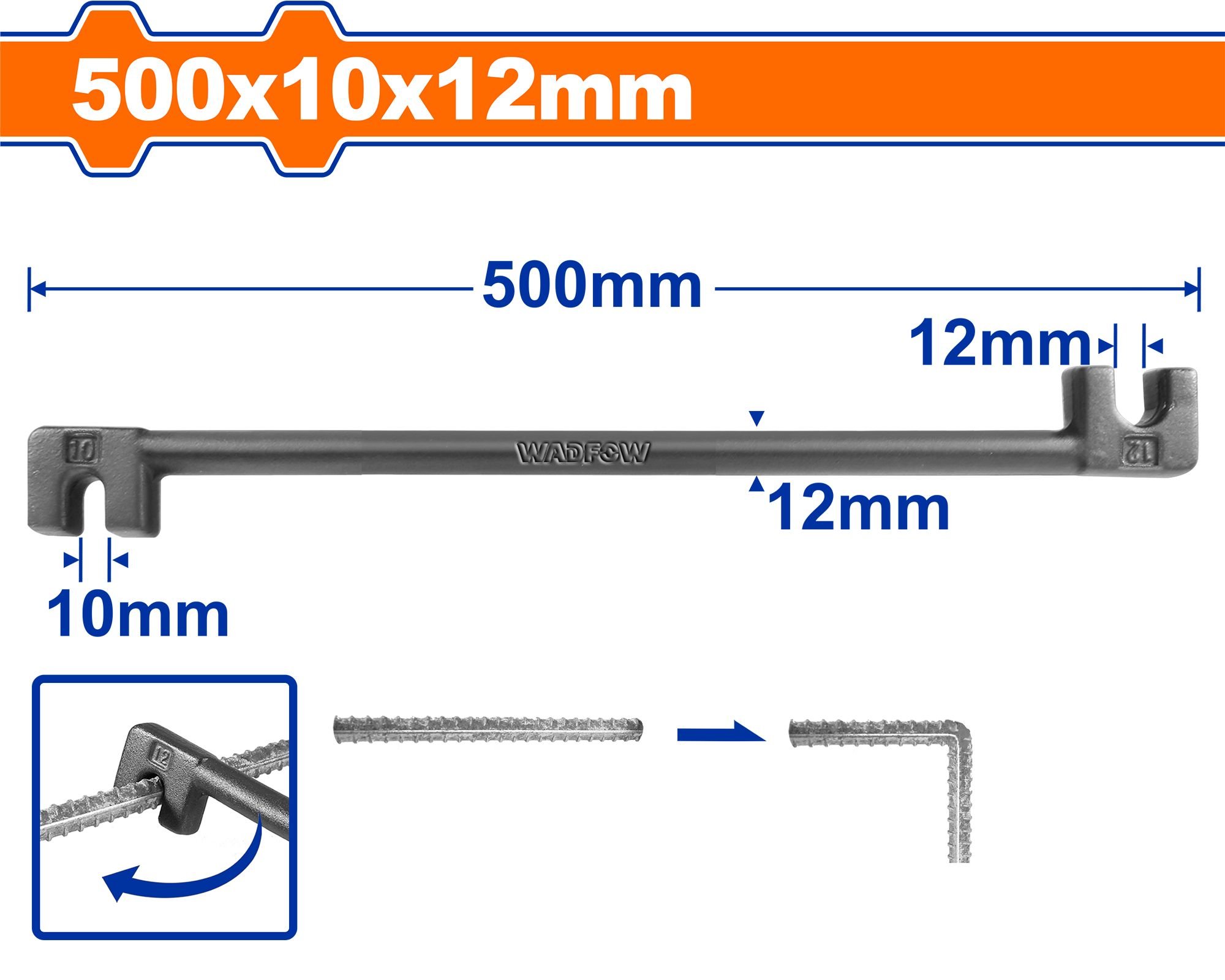 Armatūros lankstymo įrankis WADFOW, 45CS, 10x12 mm, 500 mm, WQB3350