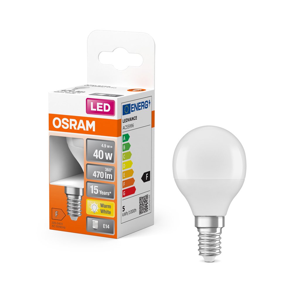 LED lempa OSRAM Star, 4,9W, E14, 220-240V, 2700K, 470 lm, burbuliukas, atitinka 40W lemputę