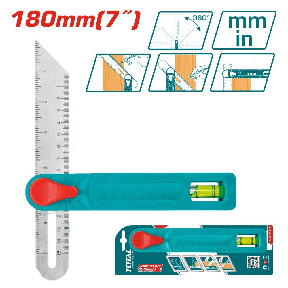 Kampinė liniuotė TOTAL, plotis 28 mm, storis 1,2 mm, ilgis 180 mm, TAHS181511