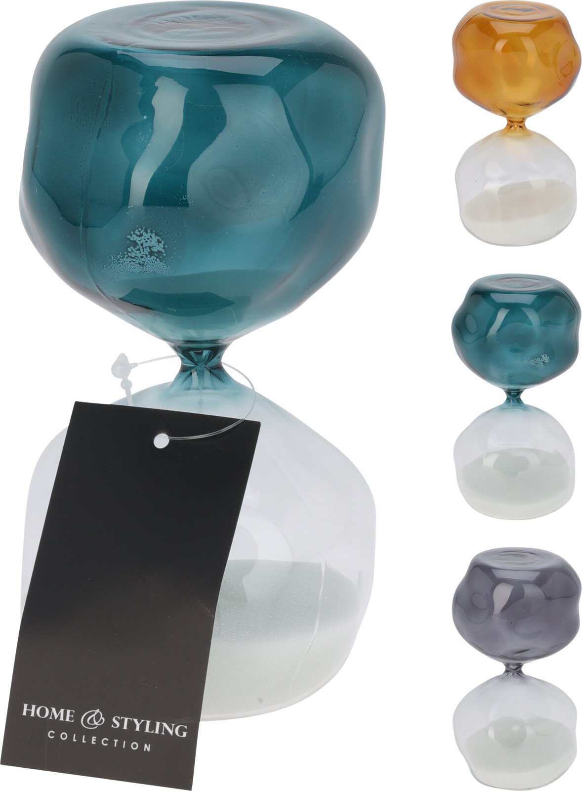 Smėlio laikrodis, stiklas, 6 x 6 x 12,5 cm, 3 skirtingos sp.