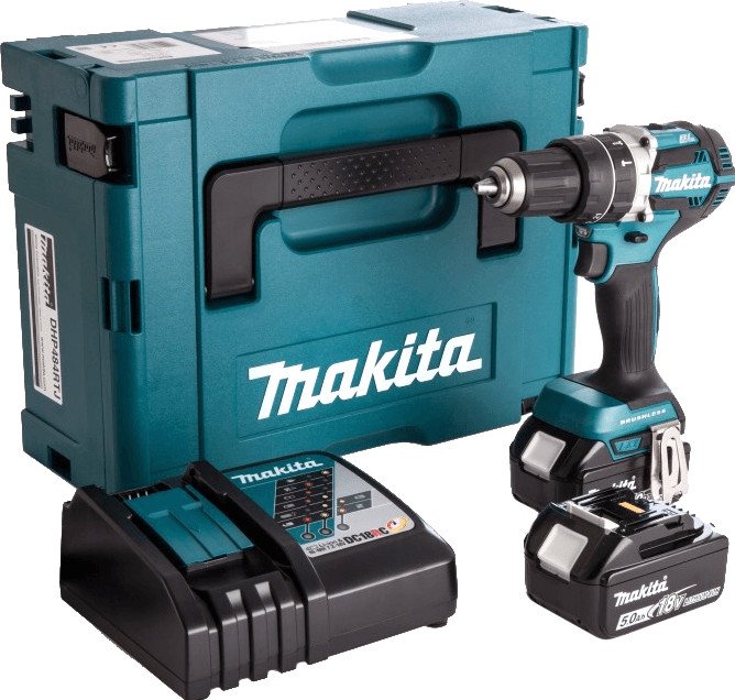 Akumuliatorinis gręžtuvas MAKITA DDF484RTJ, 18 V, 2x5,0 Ah Li-ion, 54/36 Nm, 1,6 kg, LED MAKPACK, neturintis šepetėlių variklis