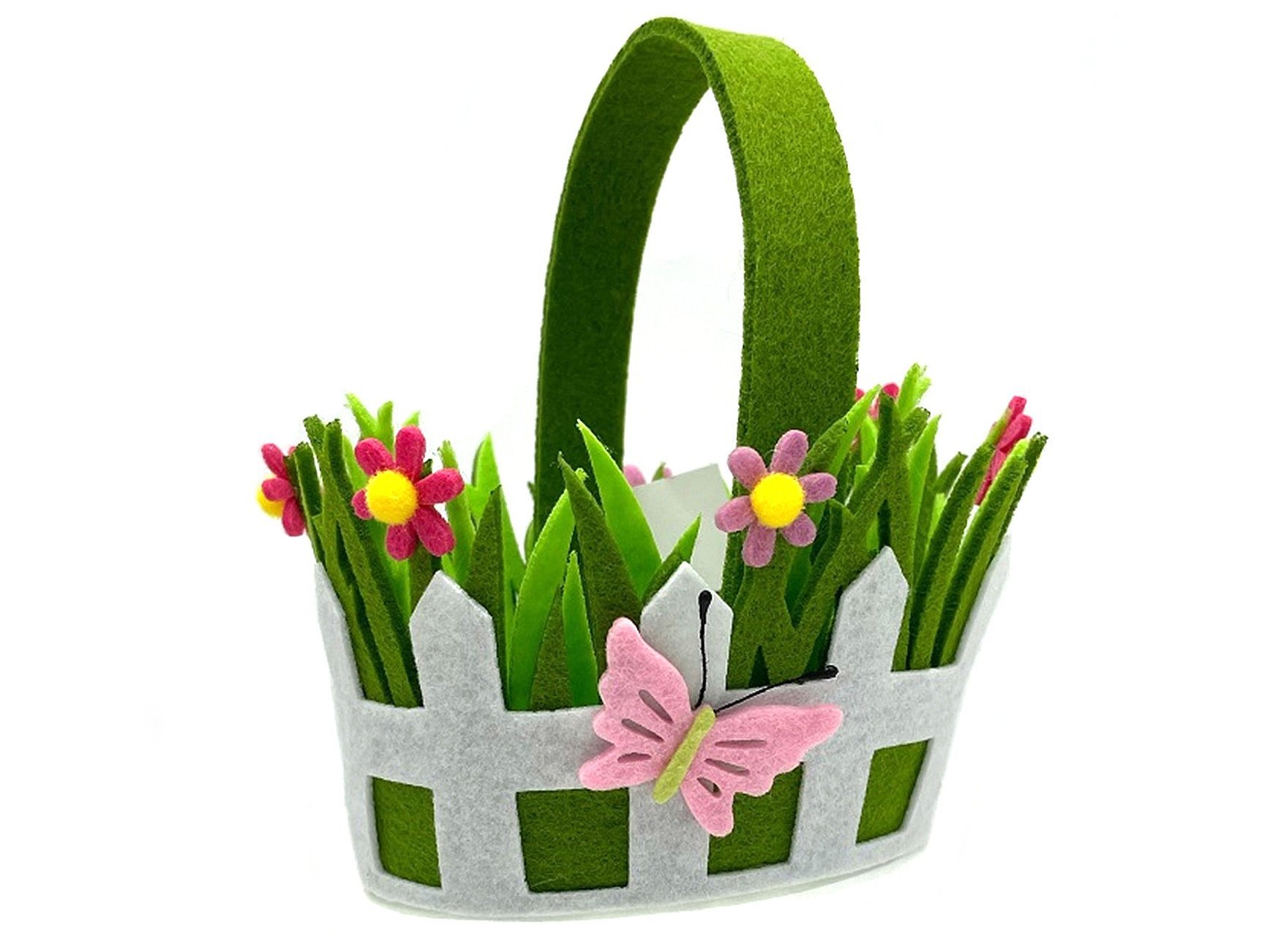 Velykinė dekoracija Veltinis krepšelis, su gėlėmis ir drugeliu aukštis 16 cm