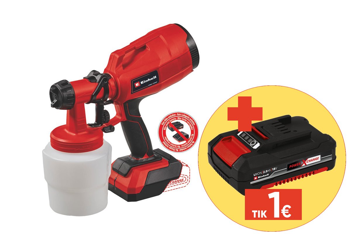 Akumuliatorinis dažų purkštuvas EINHELL TC-SY 18/60 Li Solo, 18 V, Li-ion, svoris 1,2 kg, dažų talpos tūris 800ml,be akumuliatoriaus