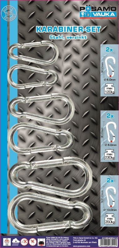 Karabinų rinkinys POSAMO VAUKA, 6 x 60 mm, 8 x 80 mm, 10 x 100 mm, cinkuoti, 6 vnt.
