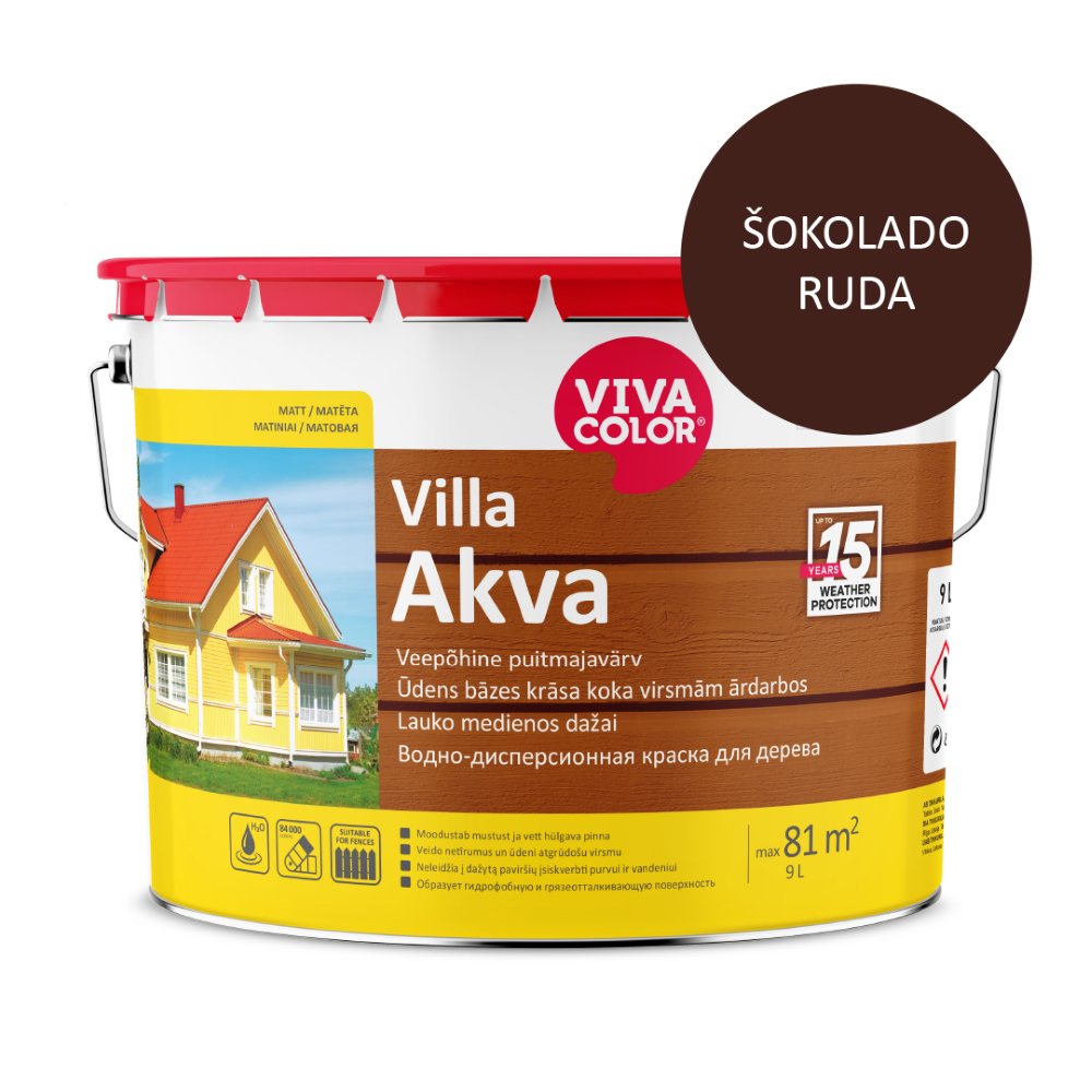 Medinių fasadų dažai VIVACOLOR Villa Akva, 9 l, šokolado rudos RAL 8017 sp.