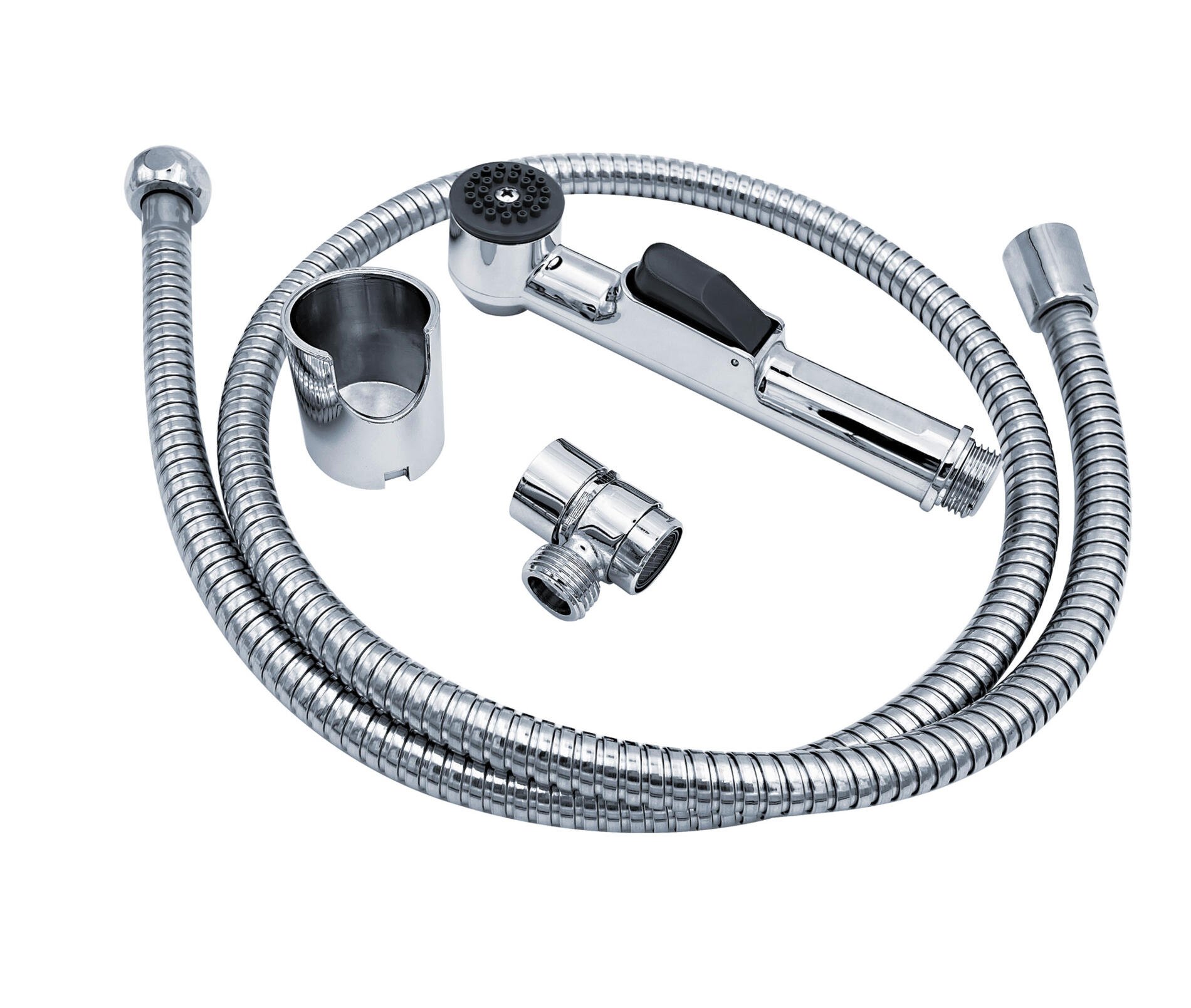 Dušo komplektas RIDDER LYON, Kompl. rankinis dušas, guminė tarpinė, sieninis laikiklis su varžtu, žarna, paskirstymo vožtuvas, nerūdijantis plienas / žalvaris / ABS / POM, blizgus chromas, A120500