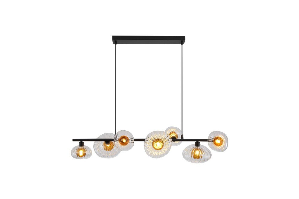 Pakabinamas šviestuvas SEARCHLIGHT Sunbeam, G9, 7 x 7W, 230V, skaidrus ir gintarinis raukšlėtas stiklas, 900 x 320 x 300 mm, maksimalus aukštis 1500 mm, 24123-7BK