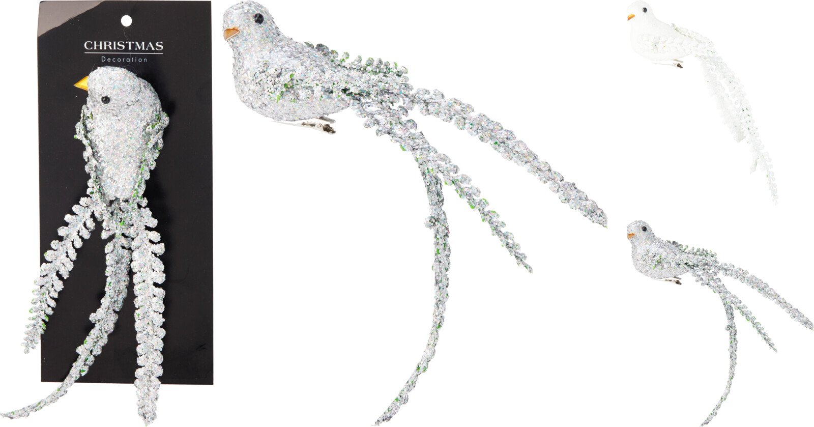 Kalėdinė dekoracija Paukštelis, 2 vnt., su segtuku, 2 skirtingos sp., 25 x 5 x 5 cm