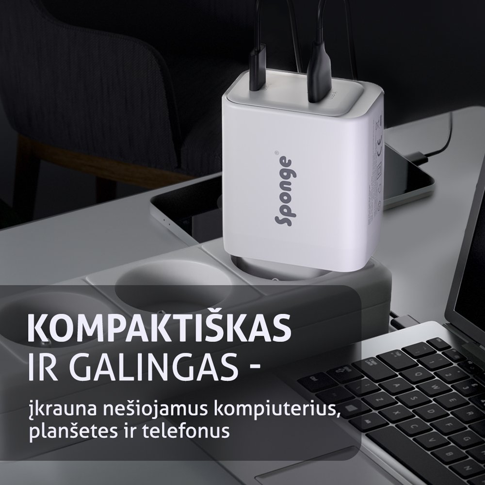 Telefono ir nešiojamo kompiuterio įkroviklis SPONGE 4 Port Laptop Charger C4, 100 W, 3xUSB‑C ir 1xUSB‑A, GaN TÜV sertifikatas
